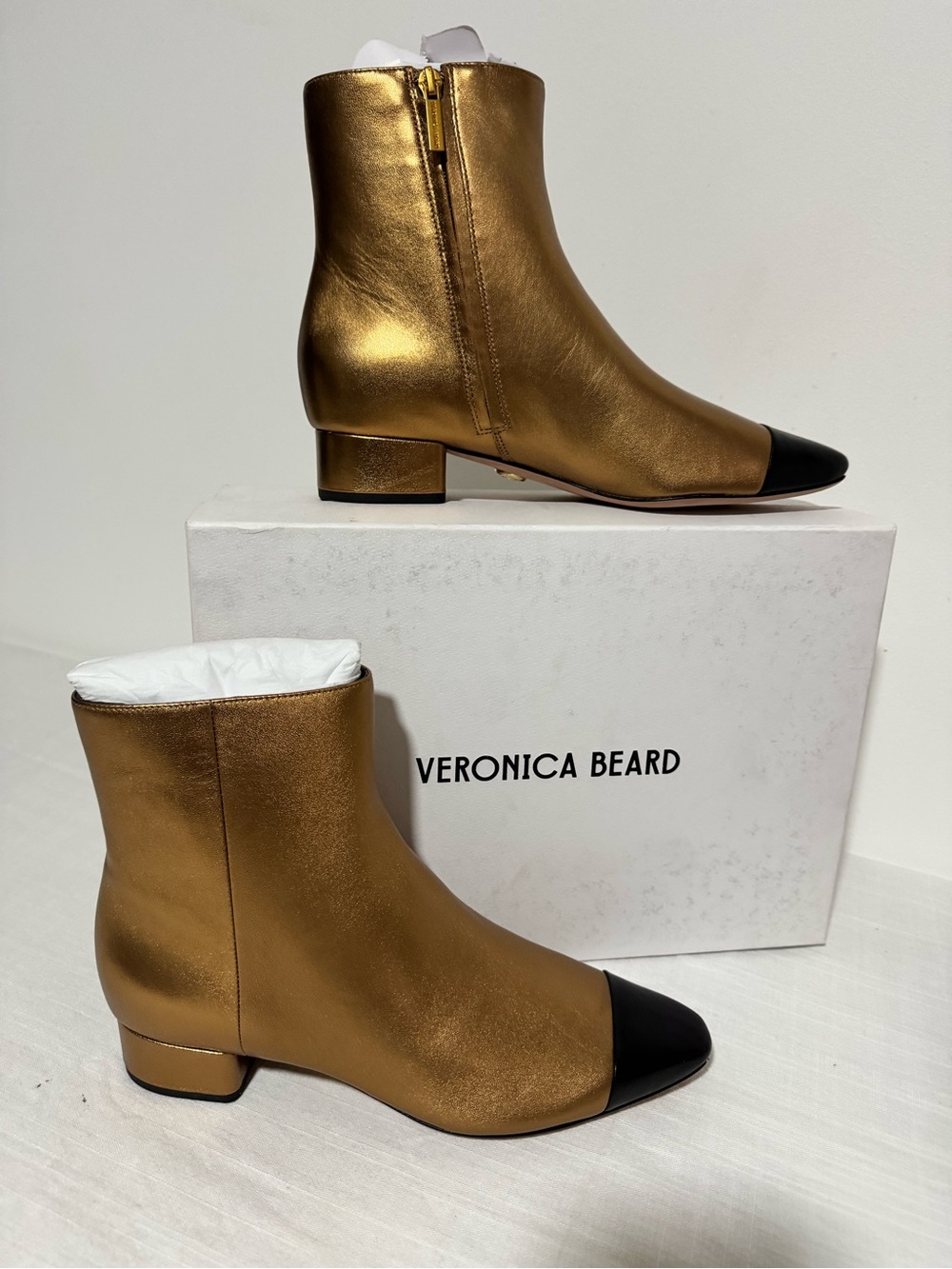 Veronica Beard Metallic Gold Ankle Boots with Black Cap Toe
